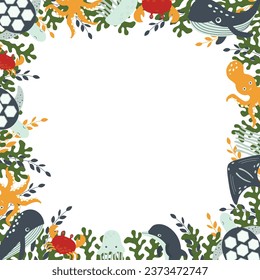 A composition template of marine inhabitants and plants, ideal for postcards, prints, invitations, birthday greeting cards. Seamless border. Vector illustration.