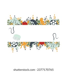 A composition template of marine inhabitants and plants, ideal for postcards, prints, invitations, birthday greeting cards. Seamless border. Vector illustration.