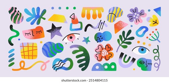 Composition of textured abstract doodle shapes. Contemporary art background. Modern backdrop with different design elements: flowers, leaves, geometric figures, eyes, lines. Flat vector illustration