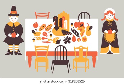 Composition with thanksgiving dinner and two characters in traditional costumes. 