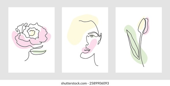 the composition of their three illustrations, girl, peony, tulip, minimalistic line art, March 8