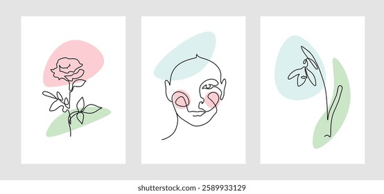 
the composition of their three illustrations, girl, rose, lily, snowdrop, minimalistic line art, March 8