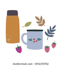 Composition with thermos, camping mug and raspberries. Tea time in nature, picnic lunch.