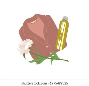 A composition of things: women's pajamas, shower gel and peony flower. The concept of comfort and relaxation.