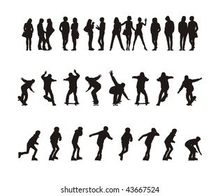 Composition with thirty silhouettes of teenagers. Fourteen silhouettes stand. Sixteen silhouettes go for a drive on skateboards and the roller fads.