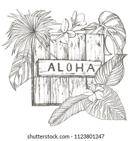 Composition this wood texture and tropical palm leaves, vector illustration. Graphic hand drawn painted illustration. Lettering phrase - Aloha.