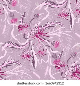 Composition of a thistle flower. Seamless pattern with Milk Thistle on background of pastel colors. Vector botanical illustration.