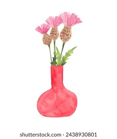 Composition of thistles in a pink vase.Watercolor illustration.Bouquet of wildflowers with leaves.Hand drawing.Simple stylized style. Spring botanical bouquet for Easter, mother's day, cards.Vector.