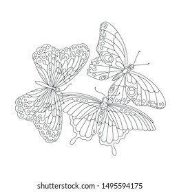 composition three beautiful butterflies in contour in black lines for tattoo, coloring, outline, contour