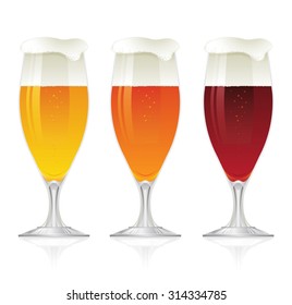 Composition with three beer glasses arranged in a row.
