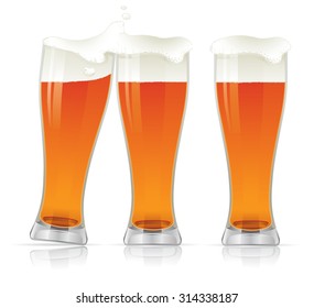 Composition with three beer glasses arranged in a row.
