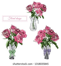 Composition with three bouquets of blossoming pink rose flowers and frame. Hand drawn ink and colored sketch  on white background. Vector illustration