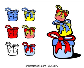 Composition from three boxes and additional boxes of other colors.
