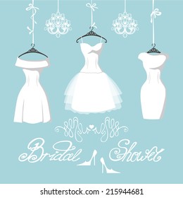 The composition of  three bridal dresses with short skirt.Dresses hang on ribbons.Composition with chandeliers,text, high heel shoes on cyan background. Fashion vector Illustration