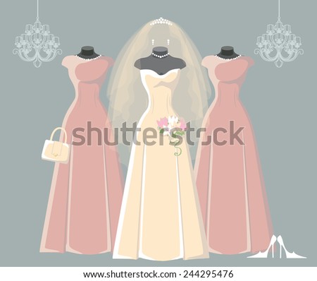Composition of the three bride and bridesmaid wedding dresses,Bridal veil,bouquet,handbags and high heel shoes. Bridal shower.Fashion vector Illustration