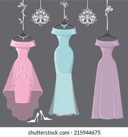 The composition of  three bridesmaid party dresses with long skirt.Dresses hang on ribbons.Composition with chandeliers,high heel shoes on grey background. Fashion vector Illustration