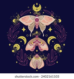 Composition of three butterfly night moths in a frame of twigs with crescents, stars and fairy dust on dark background. Vector symmetric celestial boho print