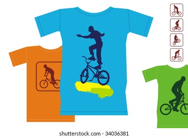 Composition from three colour T-shirts. On them silhouettes of bicyclists are represented. T-shirts are located on a white background.
