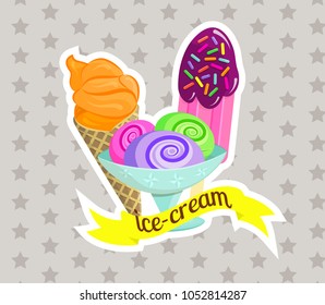 Composition of three different types of ice cream. Bright illustration on a white contour and merry background with stars.