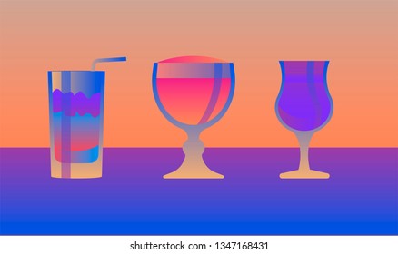 Composition of three drinks on neon vivid light. Synthwav/ vaporwave 80s-90s style aesthetics.