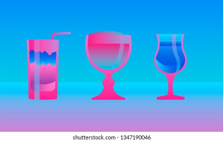 Composition of three drinks on neon vivid light. Synthwav/ vaporwave 80s-90s style aesthetics.
