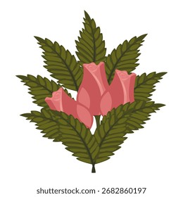 A composition of three dusty pink rosebuds surrounded by leaves. Vector illustration on a white background.