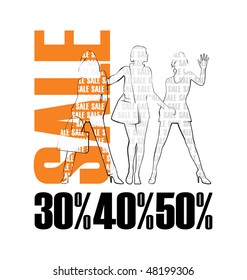 Composition with three female silhouettes. Near to them word SALE is located. Under silhouettes there are percent.