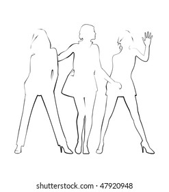 Composition with three female silhouettes. They are drawn by a thin black line. The summer clothes are put on them.