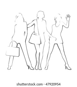 Composition with three female silhouettes. They are drawn by a thin black line. The summer clothes are put on them.