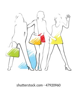 Composition with three female silhouettes. They are drawn by a thin black line. The summer clothes are put on them.