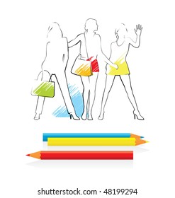 Composition with three female silhouettes. They are located on a white background. Before them colour pencils lie.