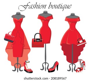 The Composition Of The Three Female's Red Cocktail Dresses With High Heel Shoes And Handbags.Bright Summer Kit Composition.Deluxe Look. Fashion Vector Illustration