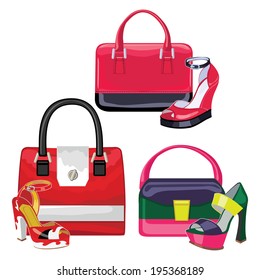 The composition of the three female's set.Colored handbag with high heel shoes.Fashion Vector illustration.