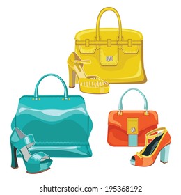The composition of the three female's set.Colored handbag with high heel shoes.Fashion Vector illustration.