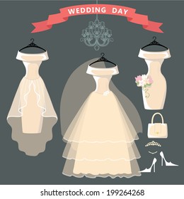 The composition of the three female's wedding dresses,Bridal veil,bouquet,handbags and high-heeled shoes. Bridal shower.Fashion vector Illustration
