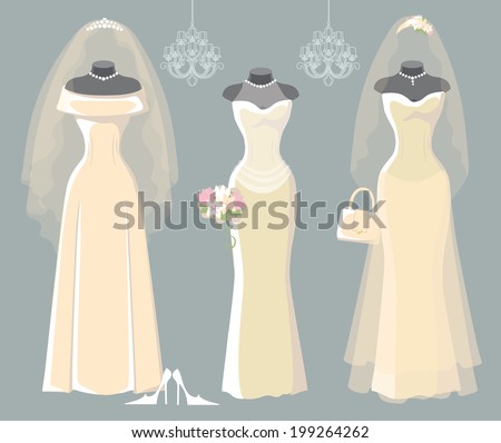 The composition of the three female's wedding long dresses,Bridal veil,bouquet,handbags and high-heeled shoes. Bridal shower.Fashion vector Illustration