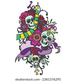 Composition of three funny colored skulls on celebration emblem, calavera catrina, el dia de los muertos vector illustration