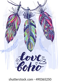 Composition with three hand drawn colored decorative feathers. Trendy elements in boho style. Vector illustration.