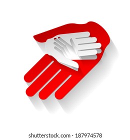 Composition of three hands in paper style. Help and teamwork symbol 