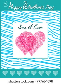 Composition of three hearts in a turquoise frame with an inscription, Valentine's Day.