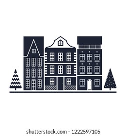 The composition of three houses surrounded by Christmas trees. Flat design.
