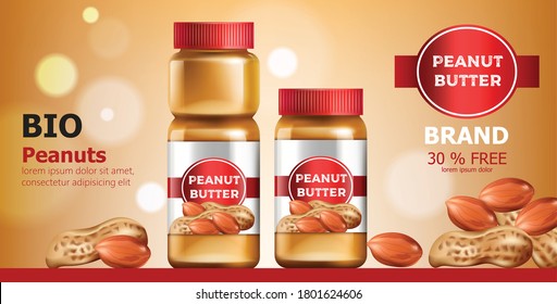 Composition of three jars with peanut butter. Place for text. Bio. On Sale. Realistic. 3D Mockup Vector