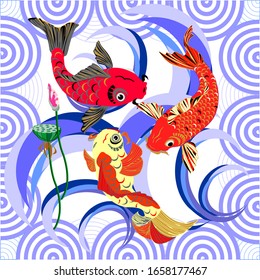 Composition of three koi carp, lotus bud and waves with a frame of stylized waves - a symbol and a talisman of good luck, wealth, love in the East. Vector print on paper, textile, ceramics, plastic, c