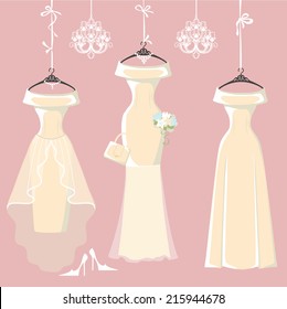 The composition of  three long bridal dresses with short skirt.Dresses hang on ribbons.Composition with chandeliers,text, high heel shoes on pink  background. Fashion vector Illustration