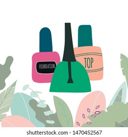 Composition of three multicolored nail polish in big leaves. bottles filled with transparent varnish. Manicure salon or nail studio  illustration, poster, banner. Hand drawn vector illustration