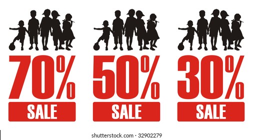 Composition from three pictures. On them silhouettes of children and percent are represented. Inscription SALE is below located.