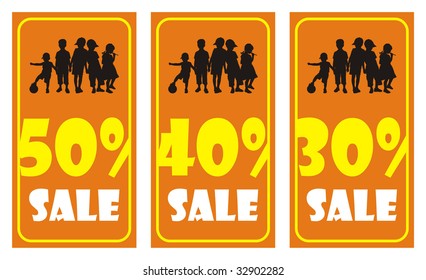 Composition from three pictures. On them silhouettes of children and percent are represented. Inscription SALE is below located.