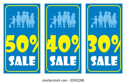 Composition from three pictures. On them silhouettes of children and percent are represented. Inscription SALE is below located.