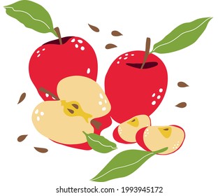Eine Zusammensetzung aus drei roten Äpfeln mit Blättern, einem halben Apfel und zwei Scheiben. Ein Aufkleber mit frischem Obst.
