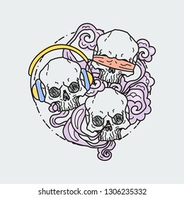 Composition of three skulls. Vector illustration of color tattoo graphic human skull. Lined symbol
